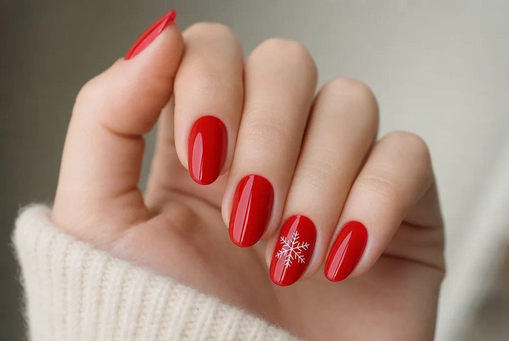 red Christmas nails with white snowflake accent nail