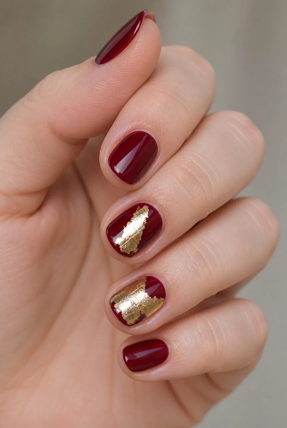 red and gold foil nail art on fair skin short length - PolishedAndPrettyNails.com red and gold foil nail art on fair skin, short length