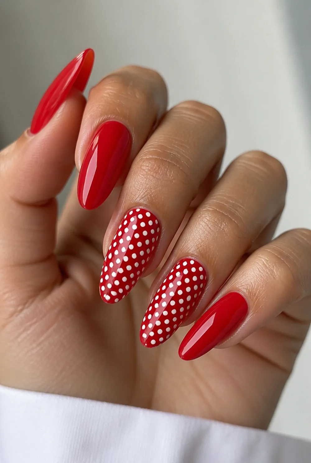 red with white dots nail art on olive skin long length - PolishedAndPrettyNails.com red with white dots nail art on olive skin, long length
