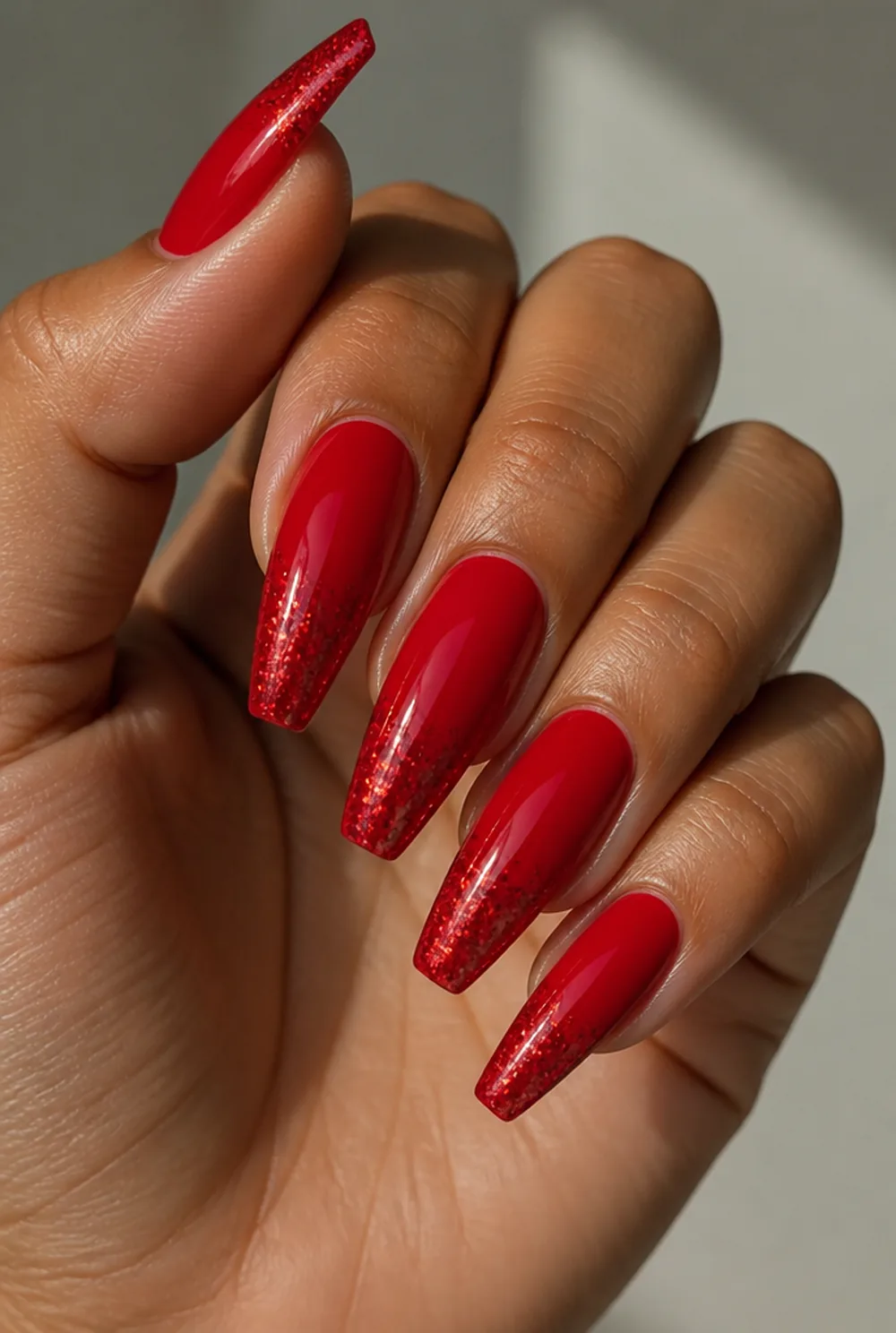 red glitter tip nail art on olive skin long length - PolishedAndPrettyNails.com red glitter tip nail art on olive skin, long length