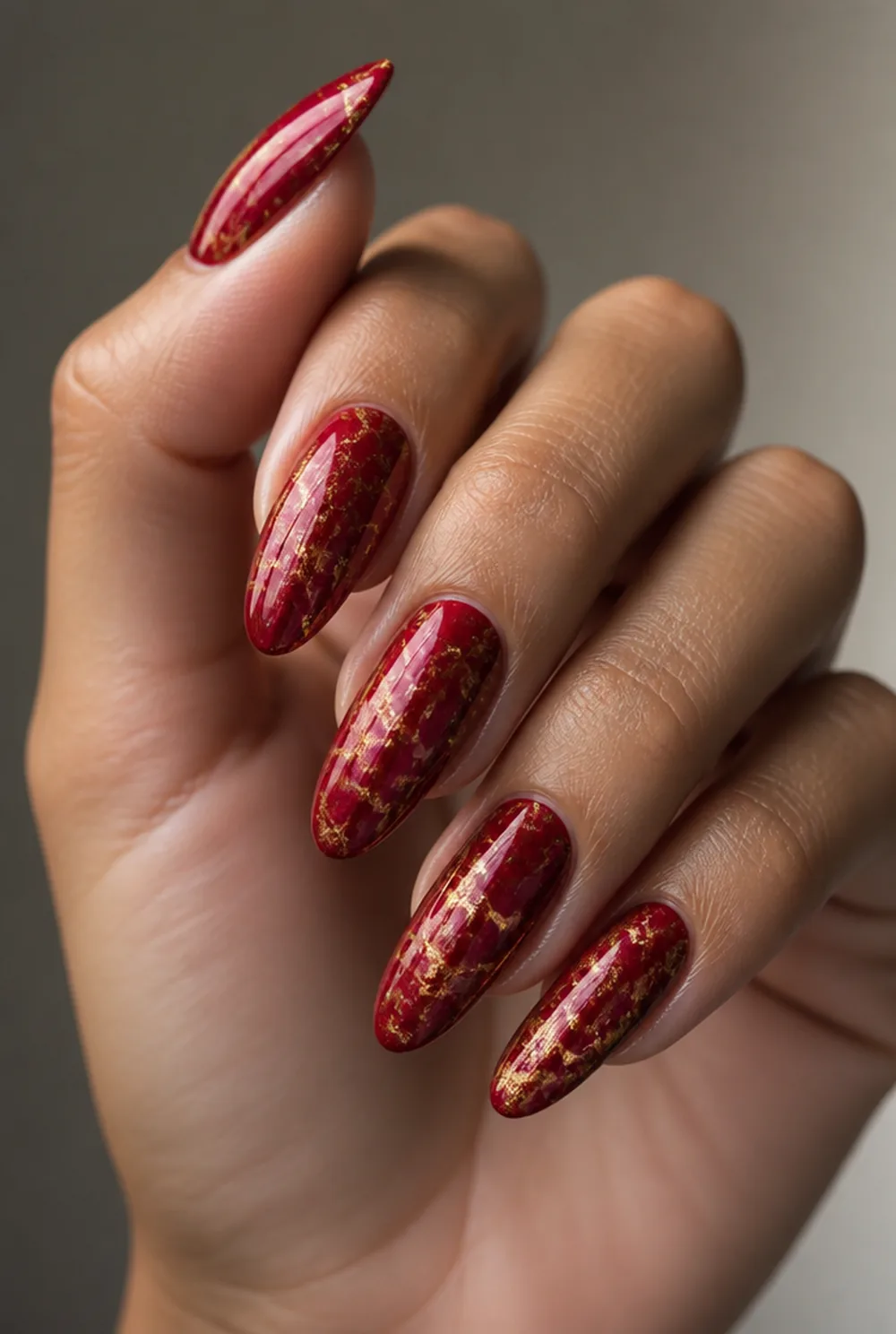 red marble nail art on olive skin long length - PolishedAndPrettyNails.com red marble nail art on olive skin, long length