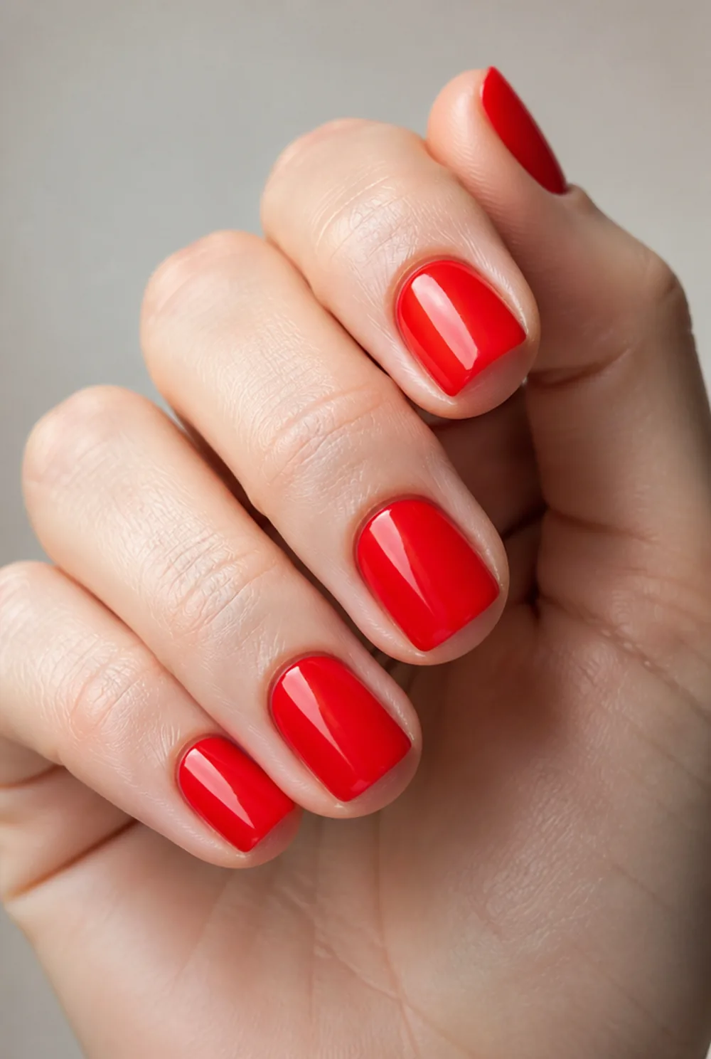 fire engine nail art on fair skin short length - PolishedAndPrettyNails.com fire engine nail art on fair skin, short length