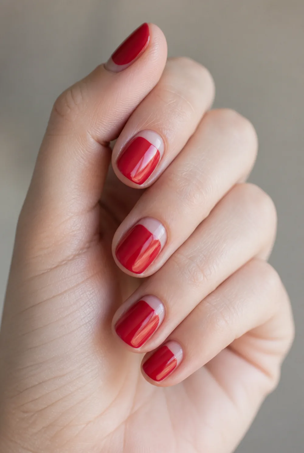 red half moon nail art on fair skin short length - PolishedAndPrettyNails.com red half moon nail art on fair skin, short length