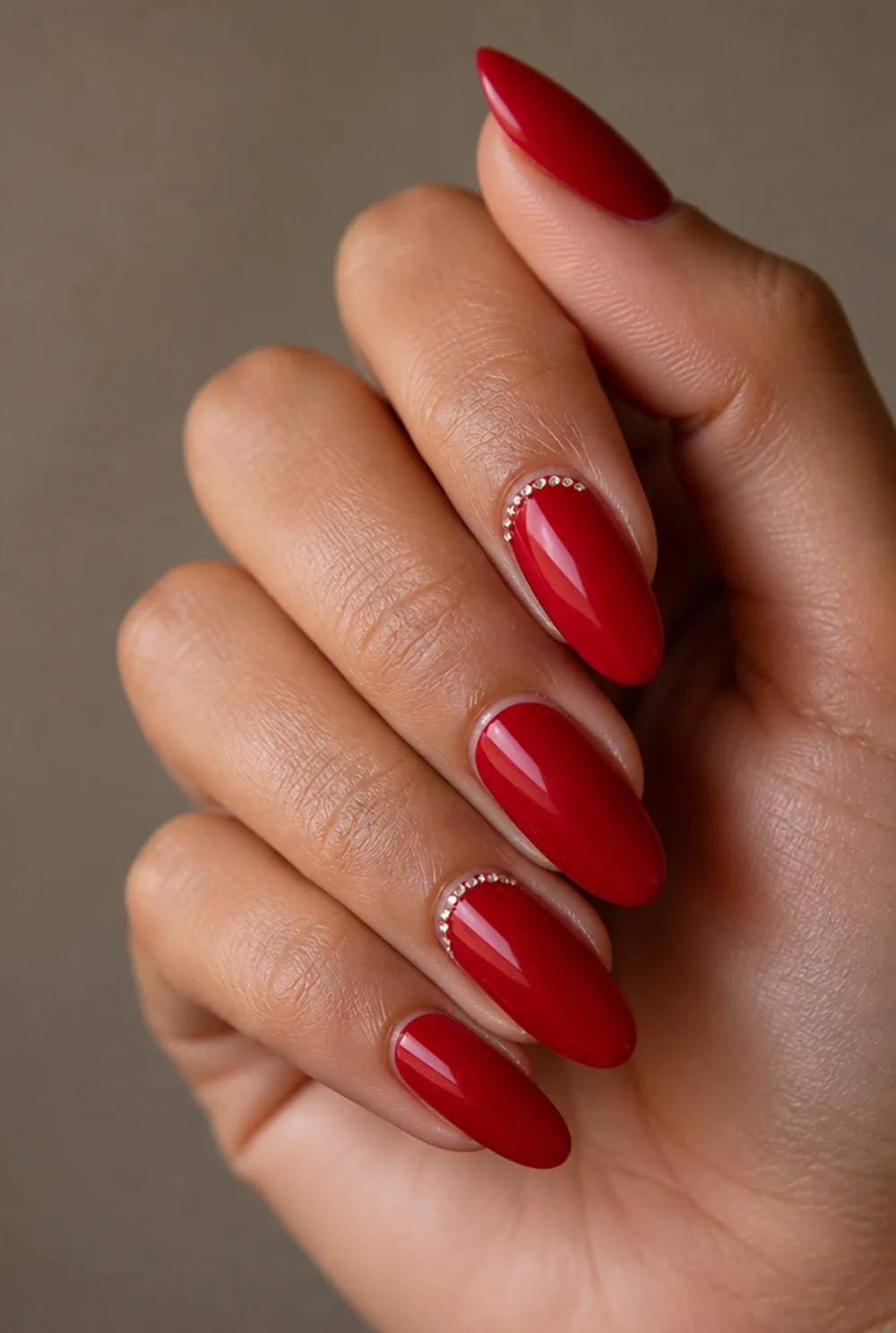 red with rhinestone cuff nail art on olive skin long length - PolishedAndPrettyNails.com red with rhinestone cuff nail art on olive skin, long length