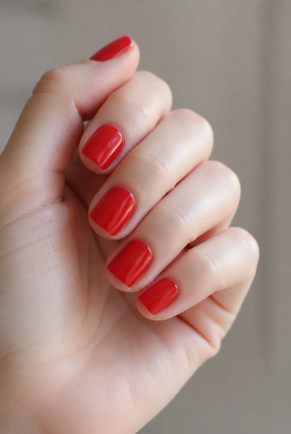 short red squoval nail art on fair skin short length - PolishedAndPrettyNails.com short red squoval nail art on fair skin, short length