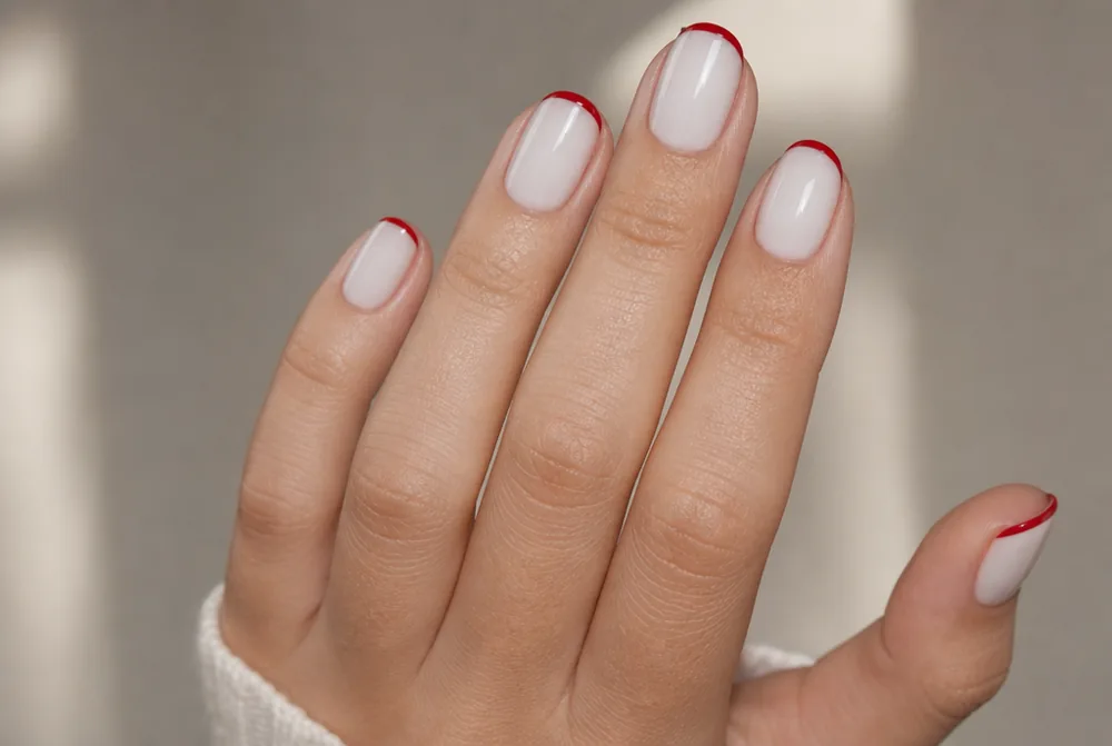red tips on milky white nail base