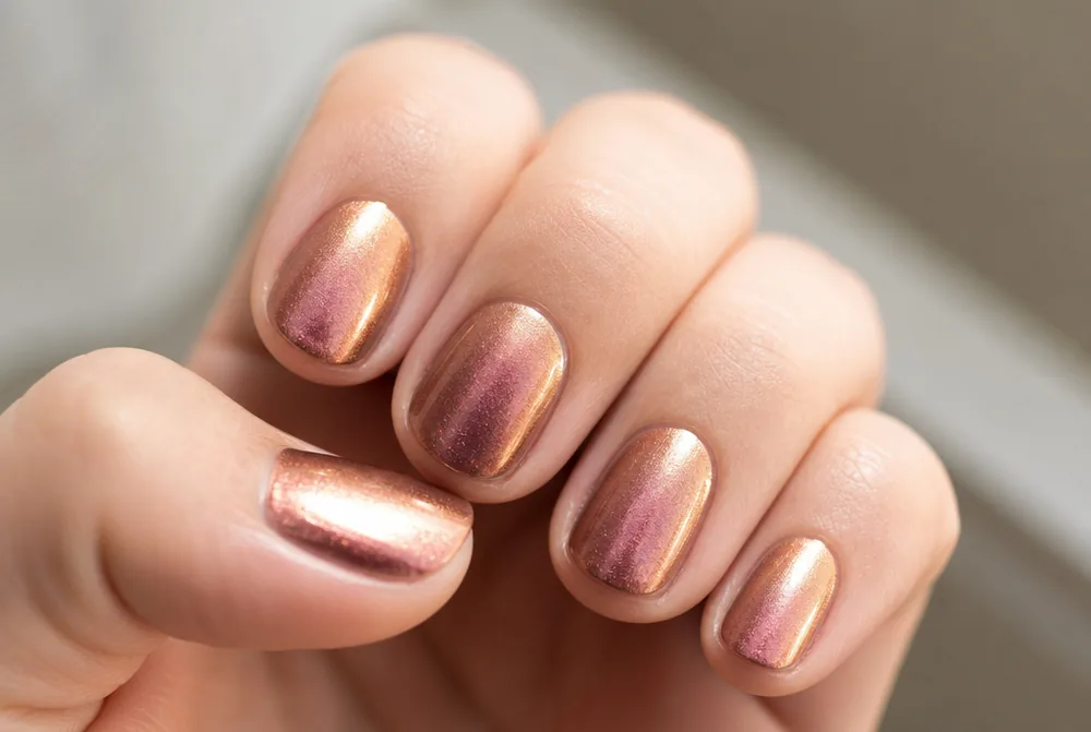 rose gold metallic nails on short round nails
