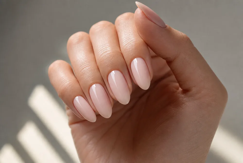 rosy pink nude nails on medium almond