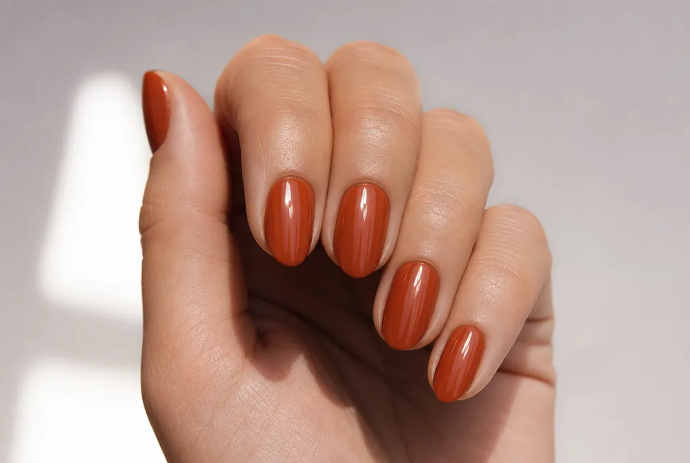 rust orange October nails on short almond
