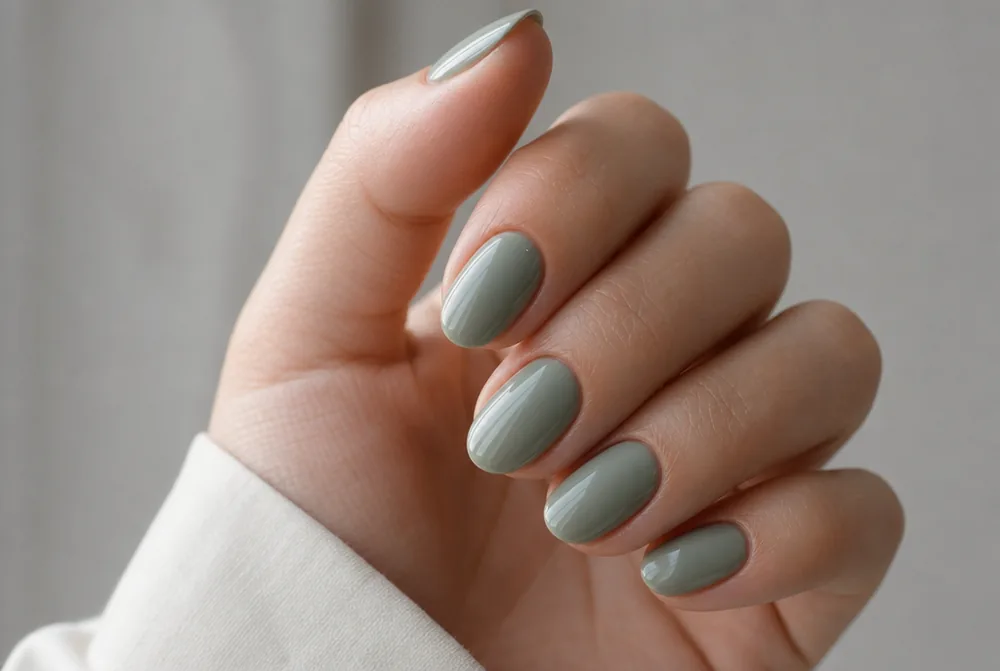sage green nails on short almond shape