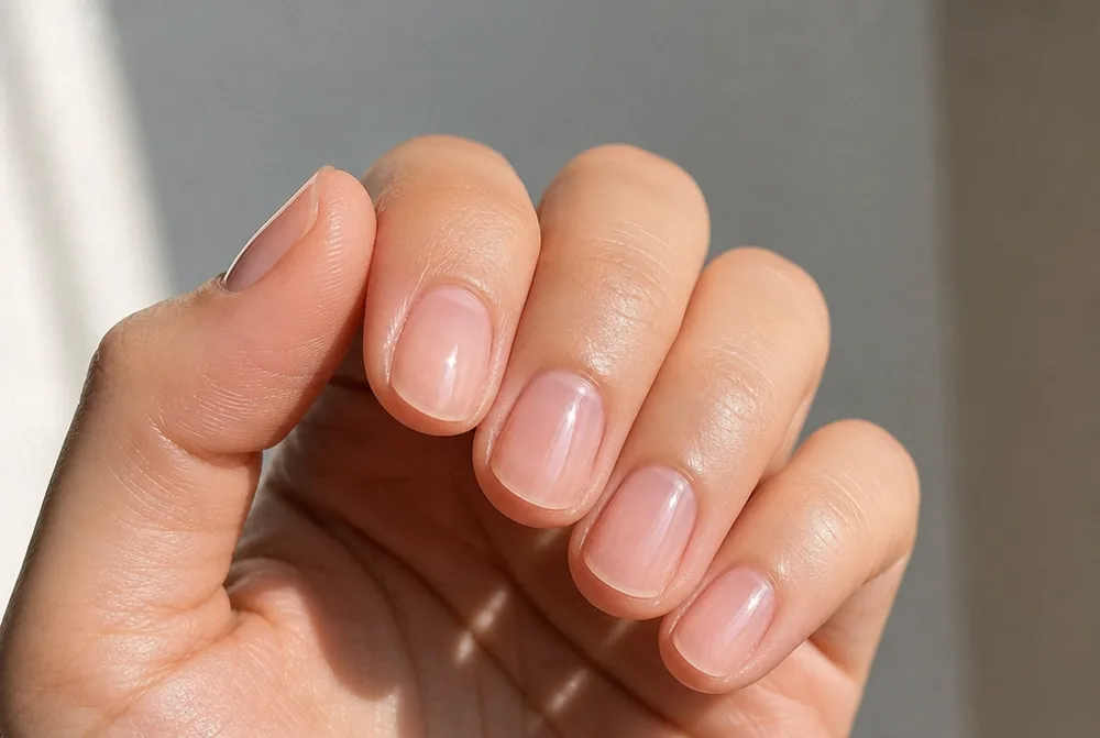 sheer ballet pink nails with a bold dress