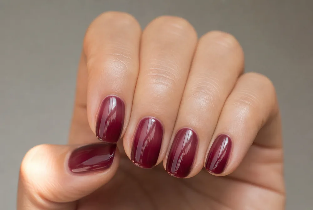 sheer burgundy jelly nails with translucent finish