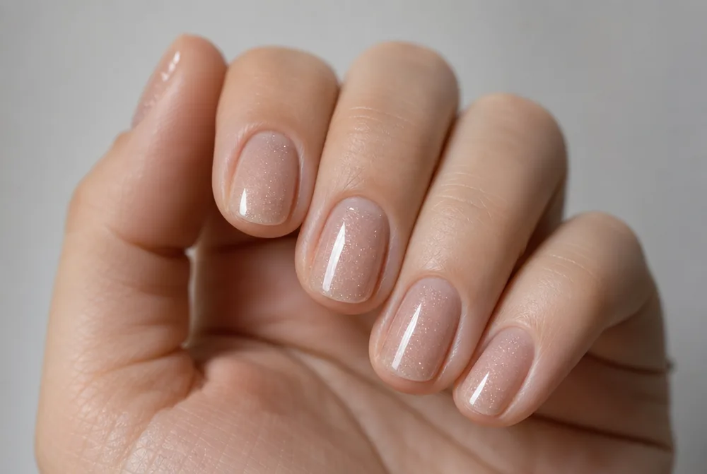 sheer sparkle topper over bare minimalist nails