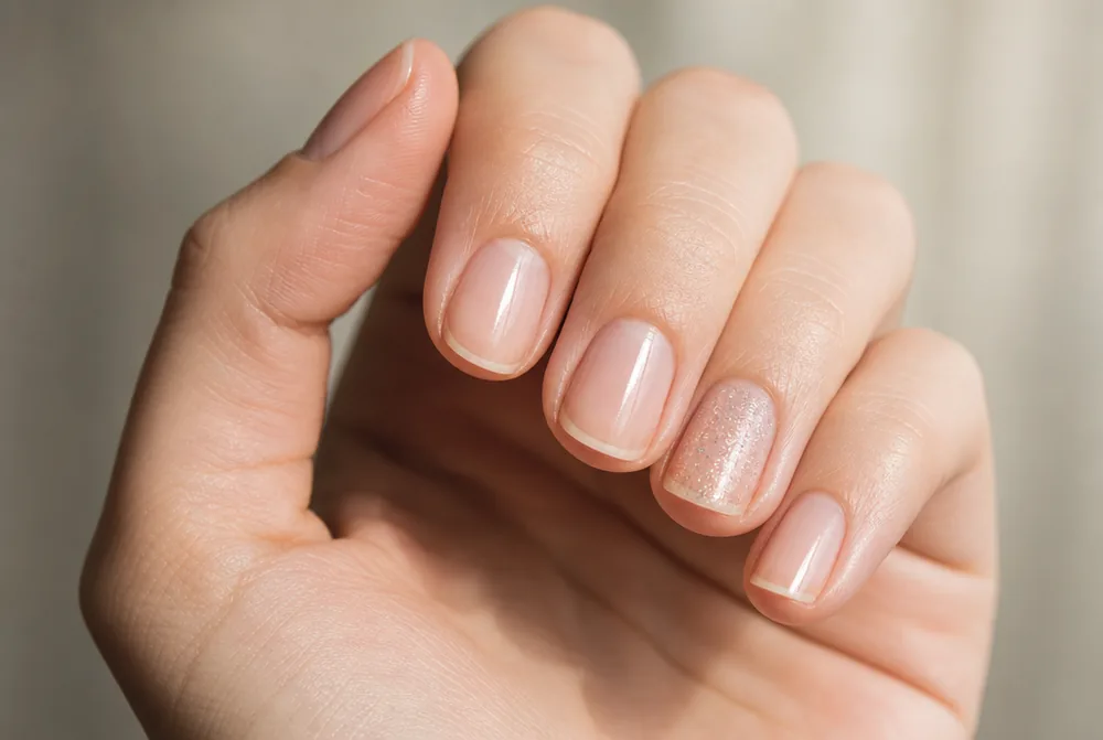 sheer sparkle topper over natural December nails
