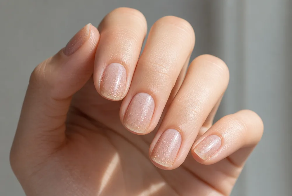 sheer sparkle topper over natural winter nails