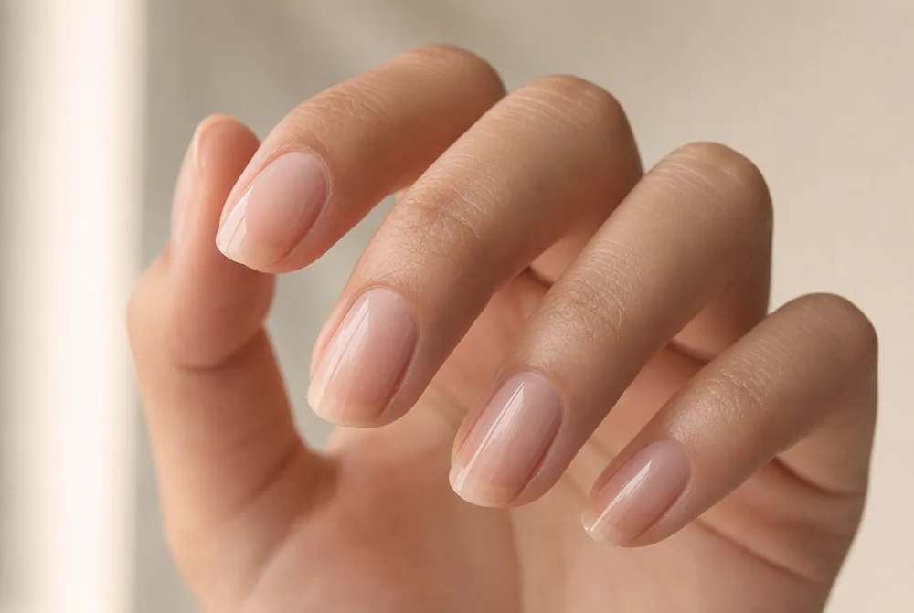 sheer tinted minimalist nails with glossy finish
