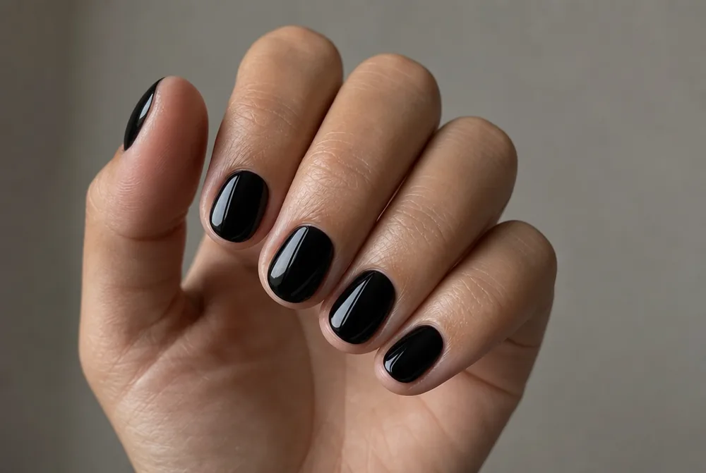 short black oval nails in glossy creme