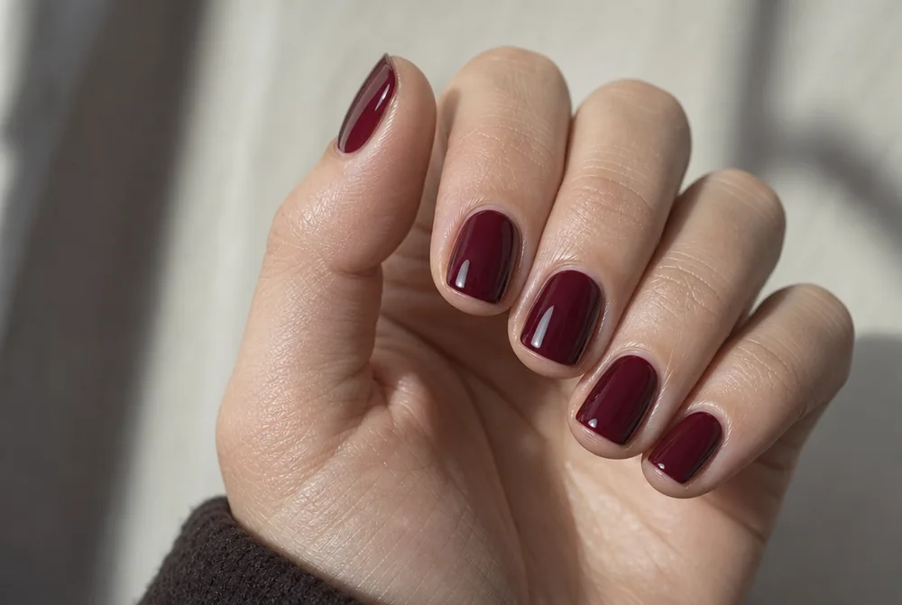 short burgundy squoval nails on natural length