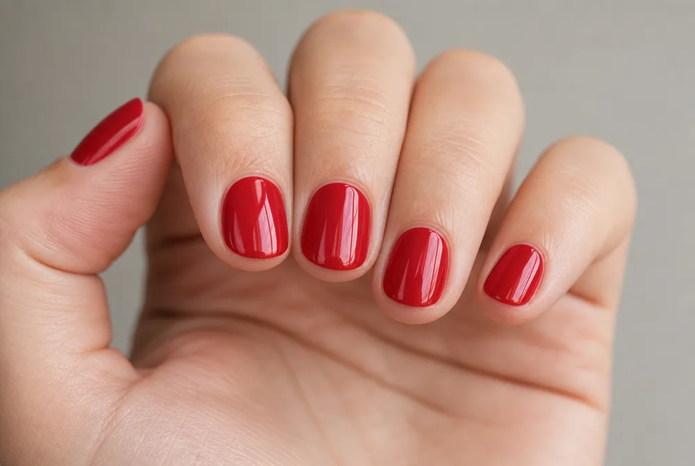 short red squoval Christmas nails on natural length