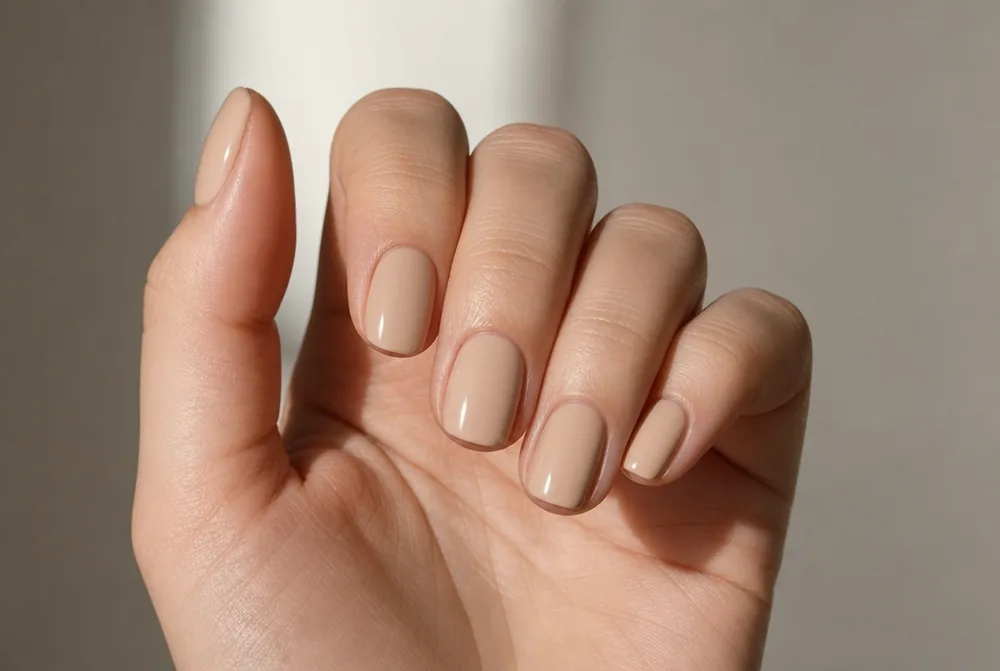 short squoval nails in beige nude polish