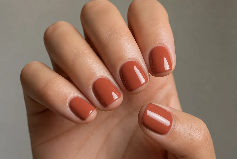short terracotta squoval nails on natural length