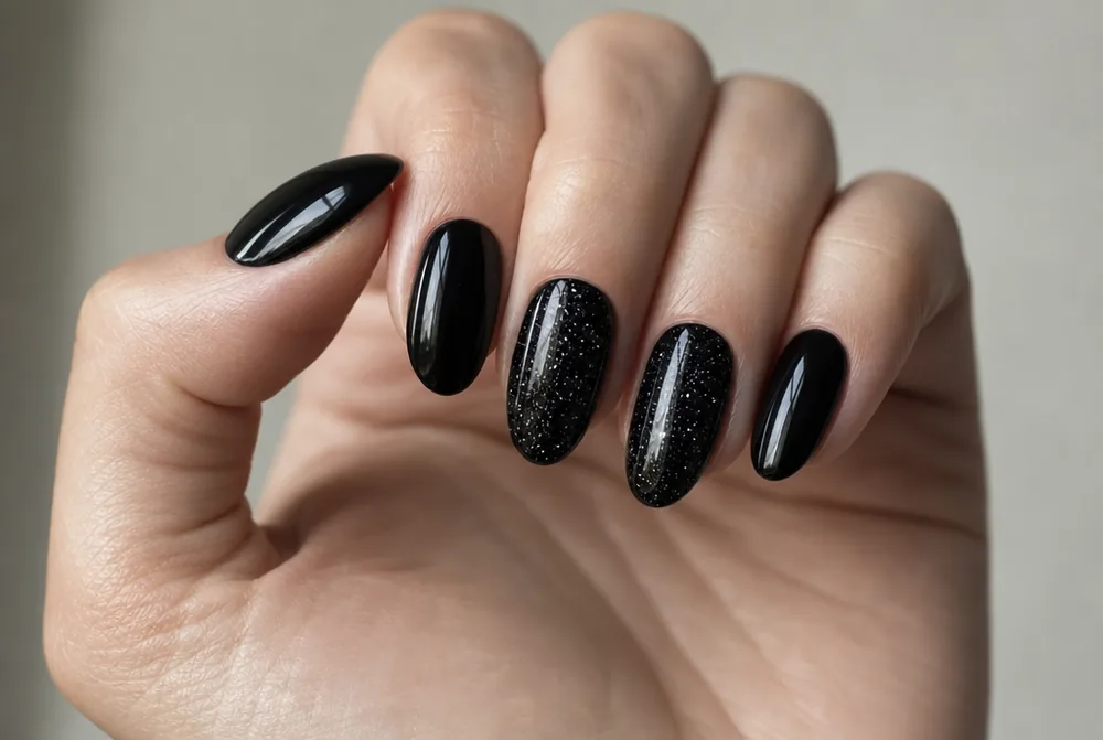 silver glitter over black nails