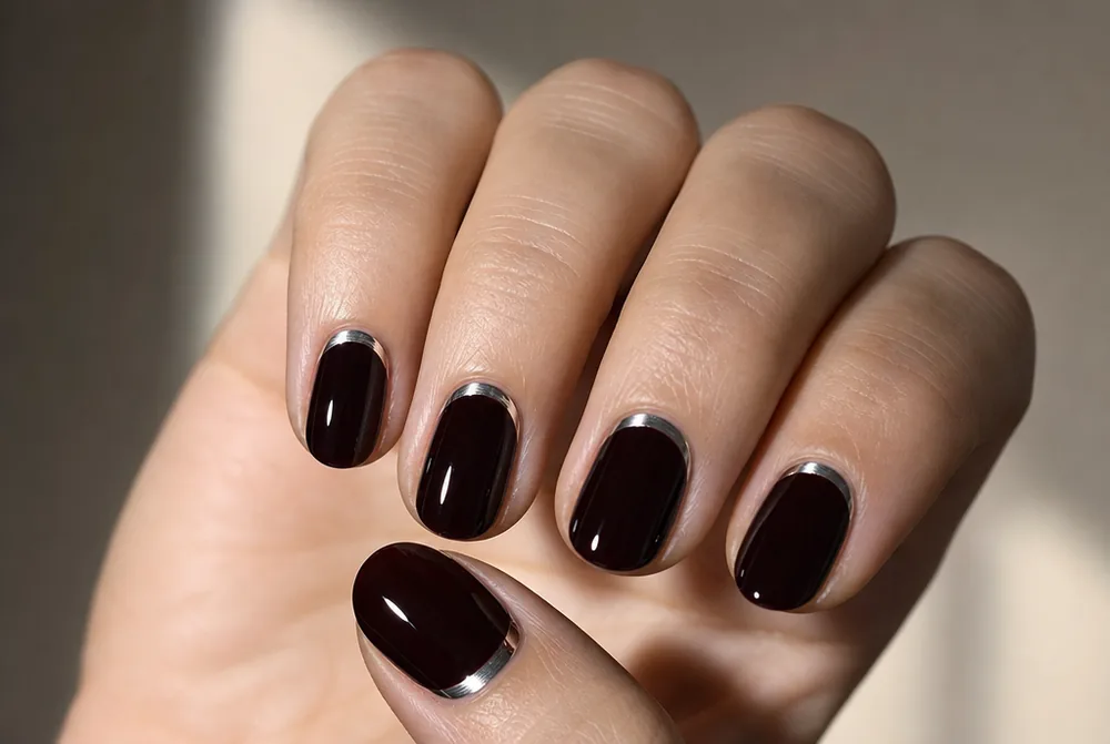 silver half moon nails on a dark base