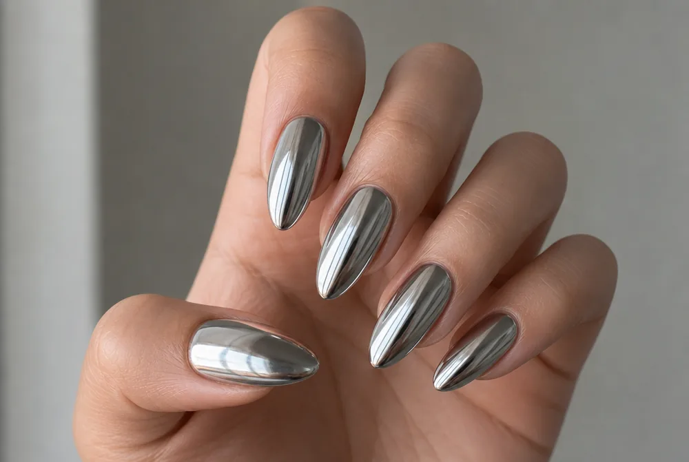 silver mirror chrome nails with reflective finish