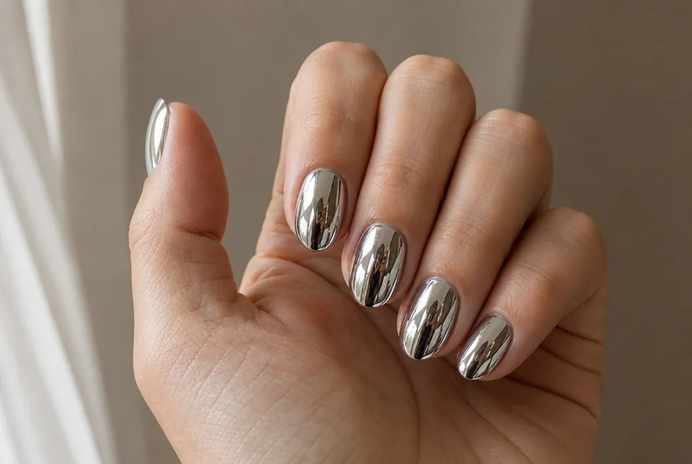 silver mirror chrome New Years nails on short almond shape
