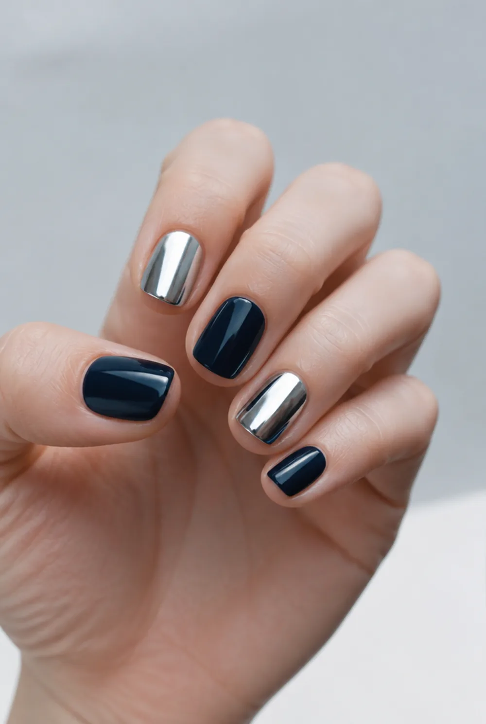 silver on navy nail art on fair skin short length - PolishedAndPrettyNails.com silver on navy nail art on fair skin, short length