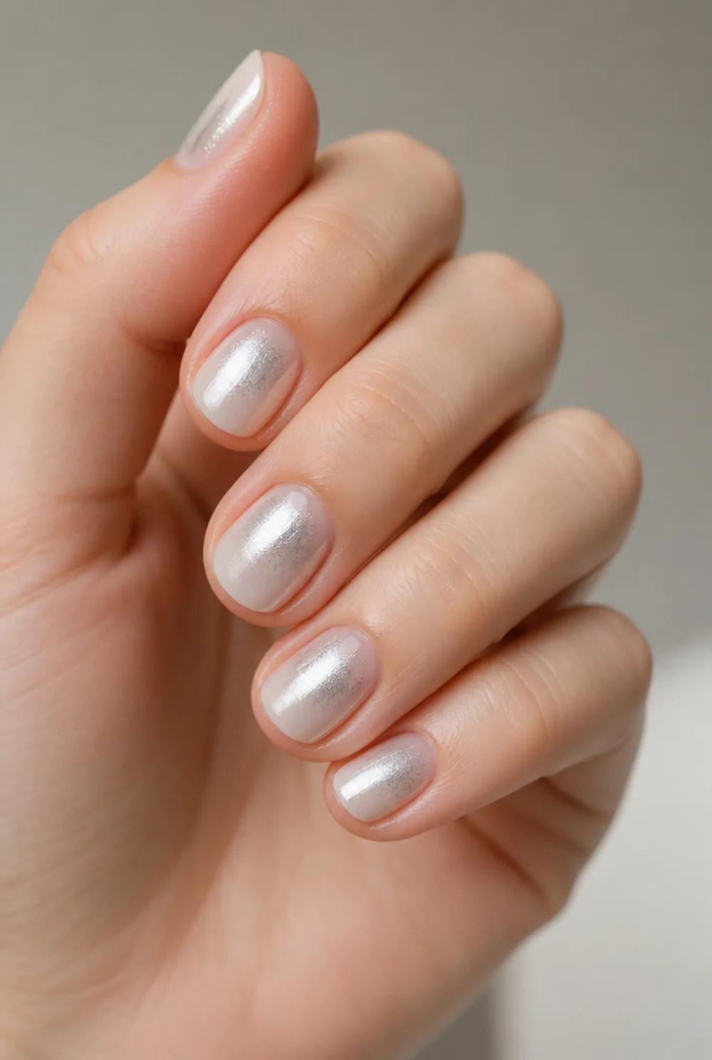 silver aura nail art on fair skin short length - PolishedAndPrettyNails.com silver aura nail art on fair skin, short length