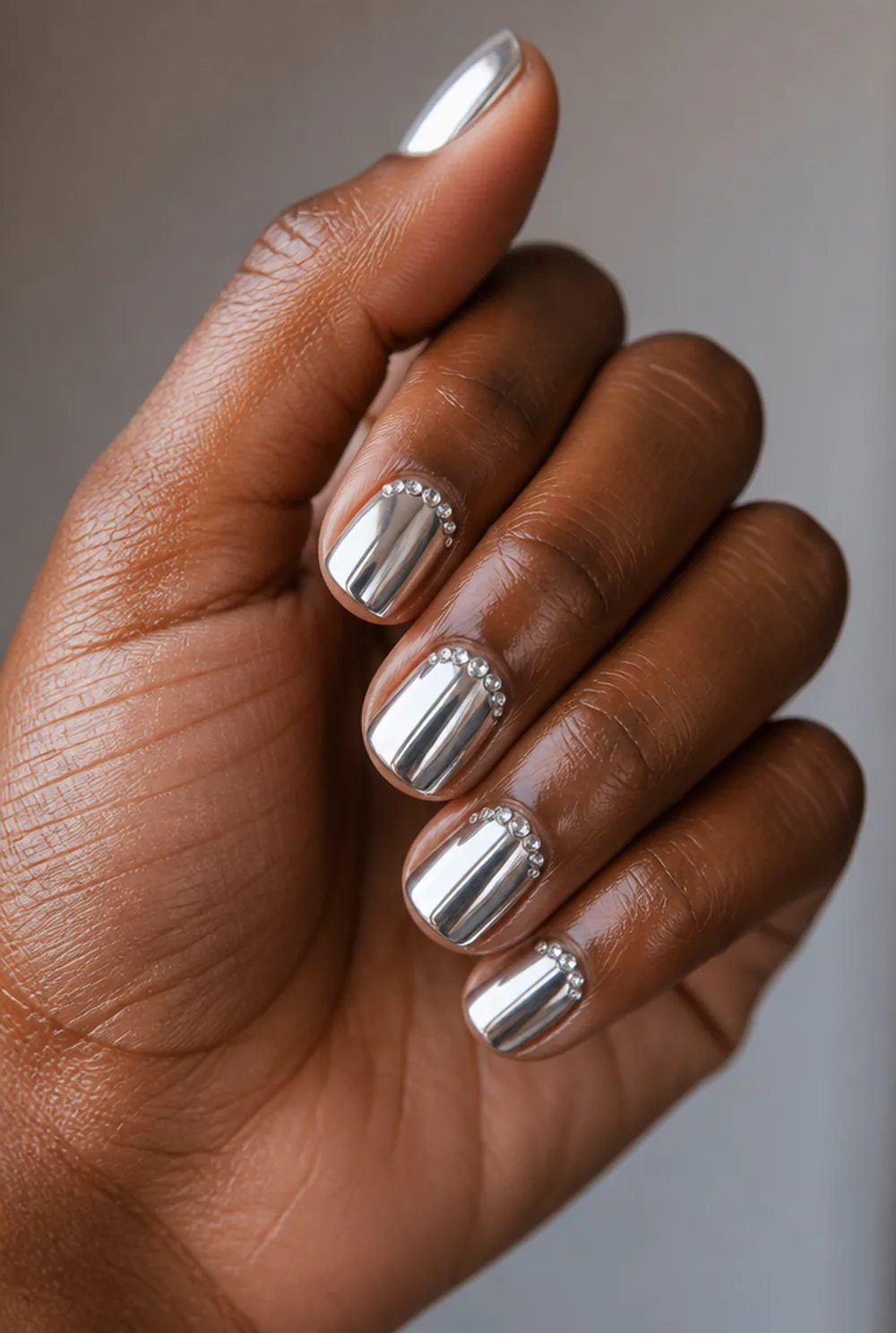 silver with rhinestone cuff nail art on deep brown skin - PolishedAndPrettyNails.com silver with rhinestone cuff nail art on deep brown skin