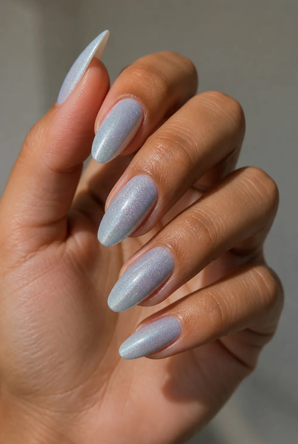 ice silver shimmer nail art on olive skin long length - PolishedAndPrettyNails.com ice silver shimmer nail art on olive skin, long length