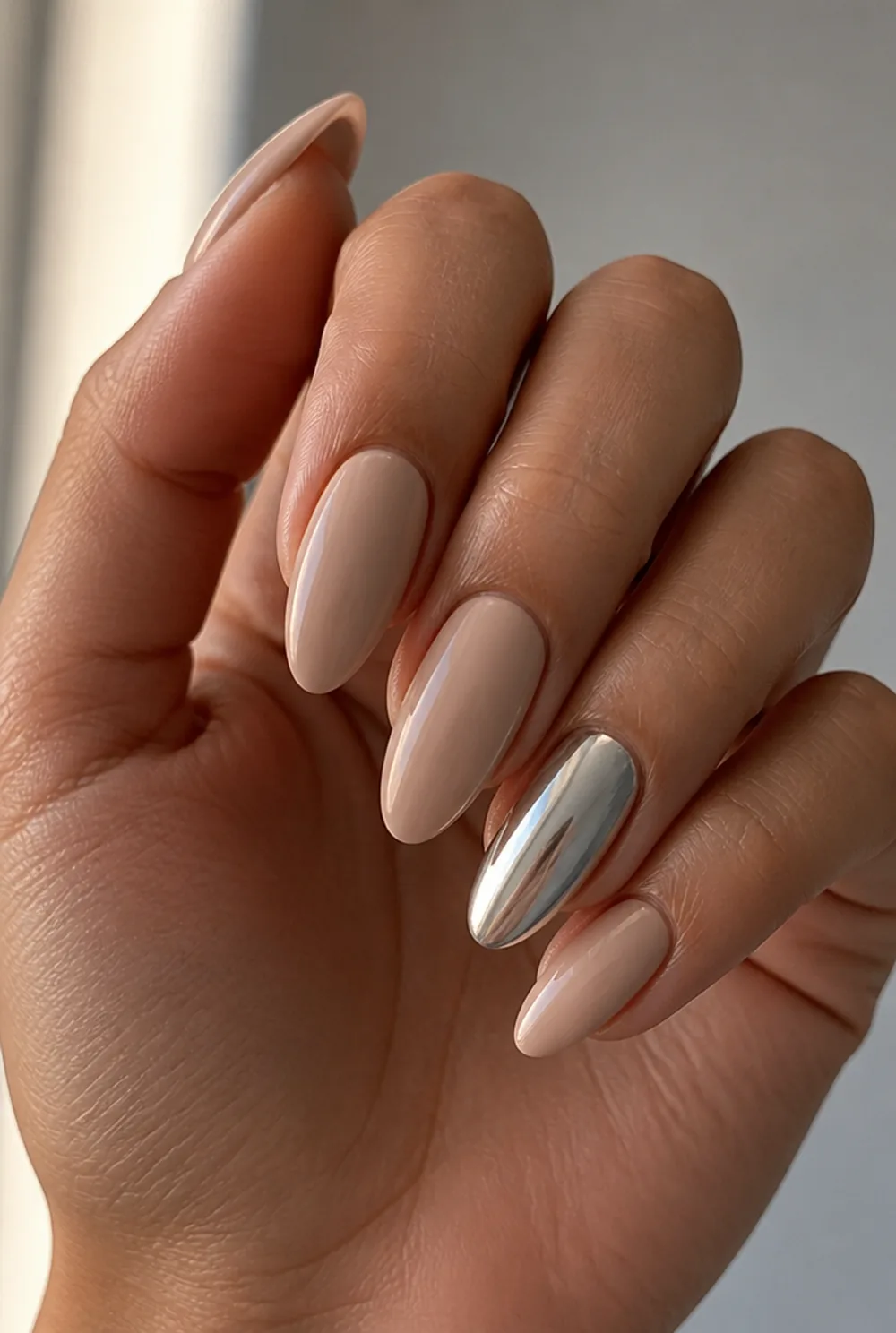 silver accent nail nail art on olive skin long length - PolishedAndPrettyNails.com silver accent nail nail art on olive skin, long length