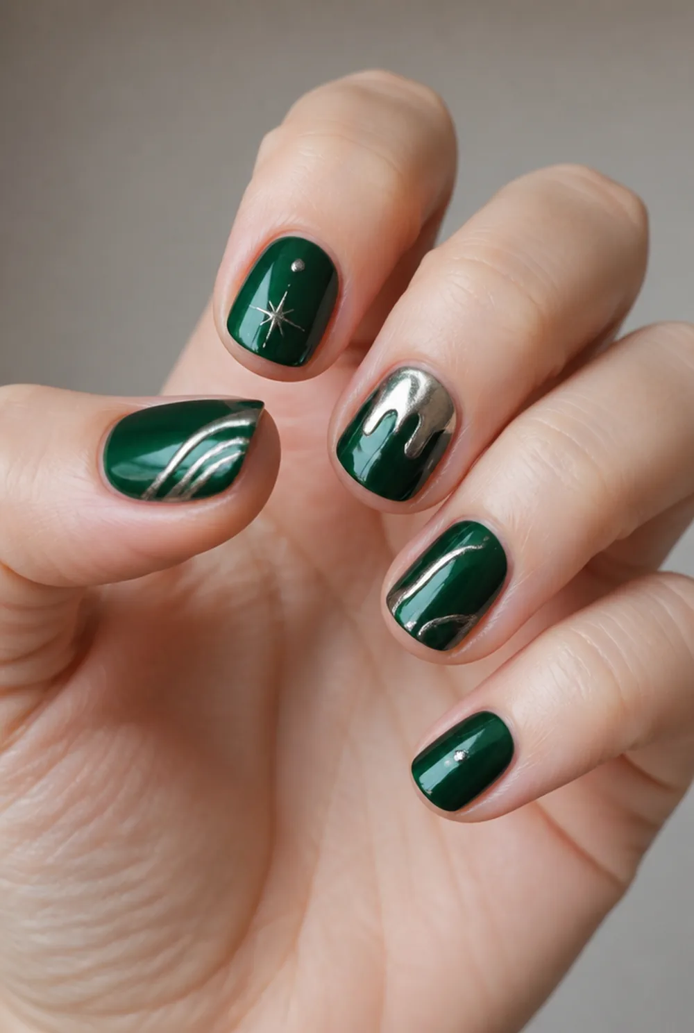 silver on emerald nail art on fair skin short length - PolishedAndPrettyNails.com silver on emerald nail art on fair skin, short length
