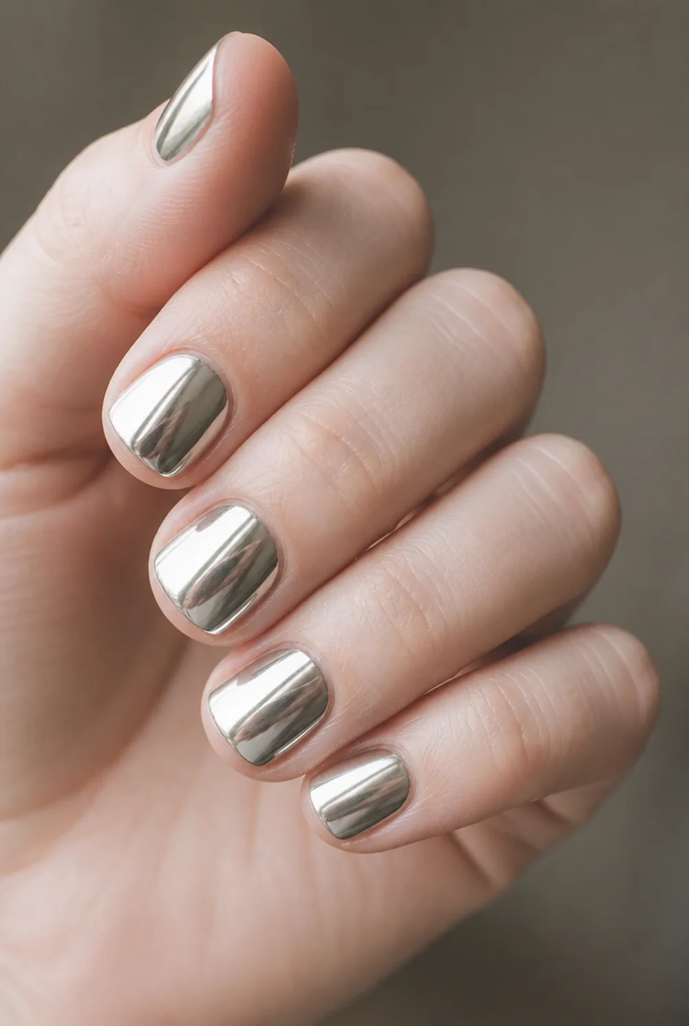 short silver square nail art on fair skin short length - PolishedAndPrettyNails.com short silver square nail art on fair skin, short length