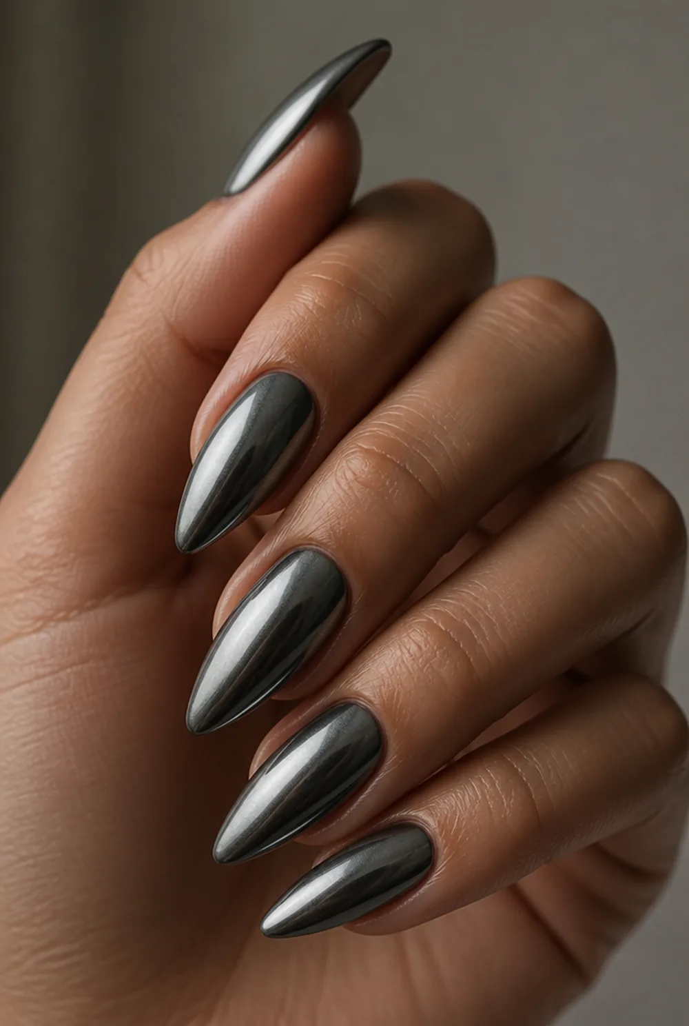 gunmetal nail art on olive skin long length - PolishedAndPrettyNails.com gunmetal nail art on olive skin, long length