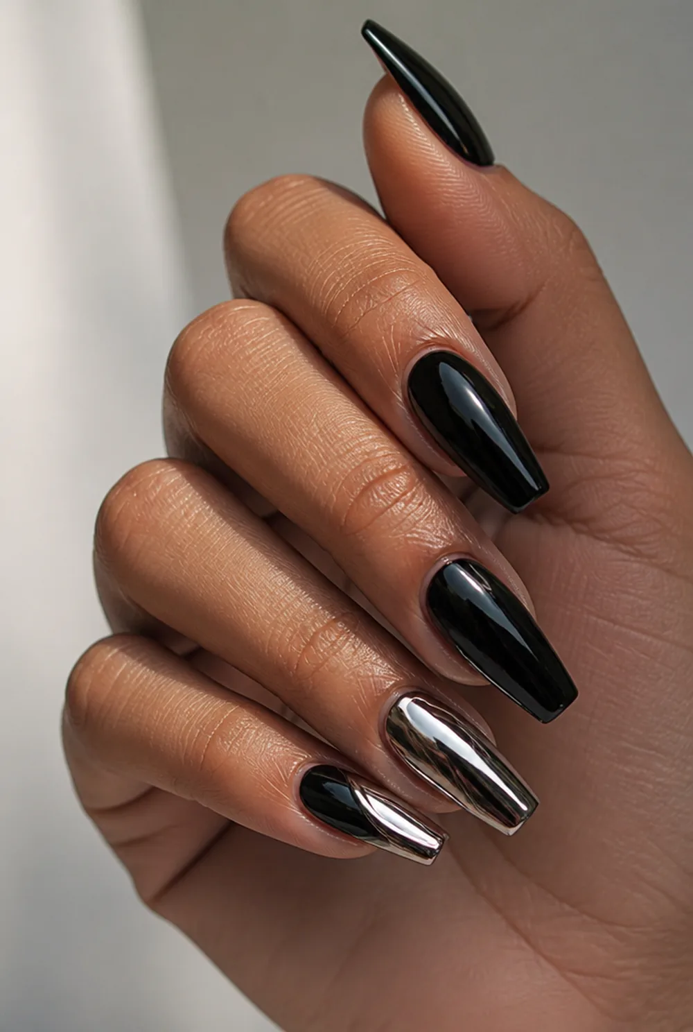 silver and black nail art on olive skin long length - PolishedAndPrettyNails.com silver and black nail art on olive skin, long length