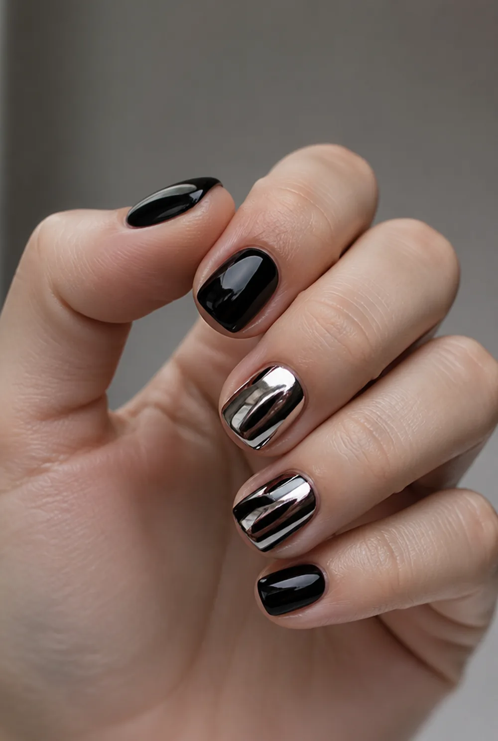 silver and black nail art on fair skin short length - PolishedAndPrettyNails.com silver and black nail art on fair skin, short length