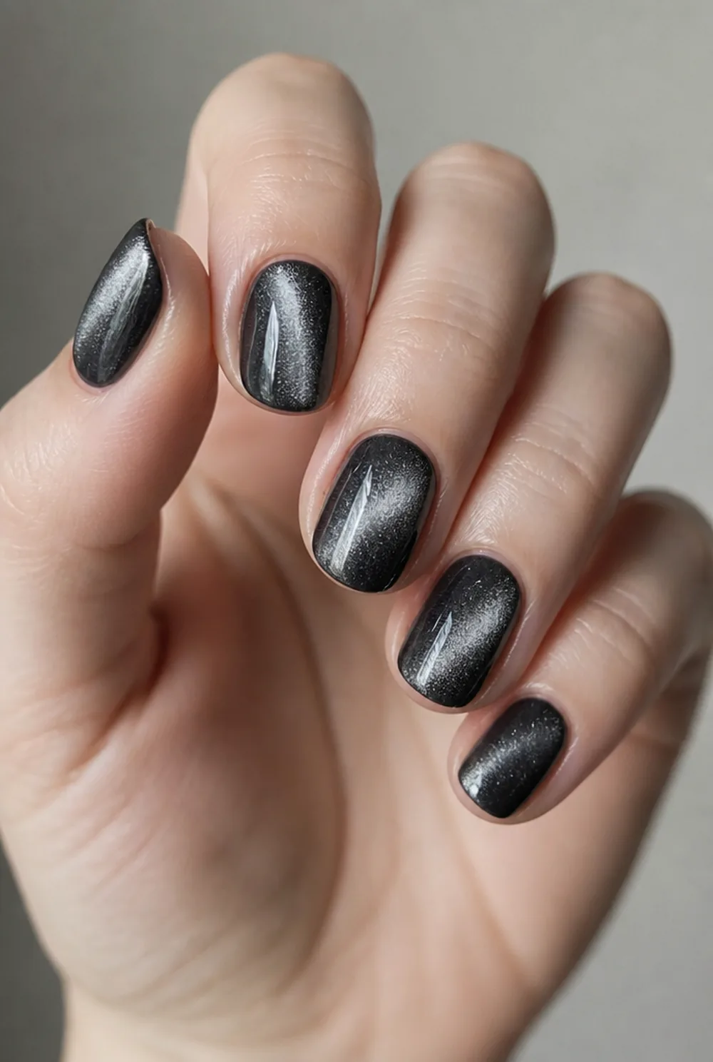 silver cat eye nail art on fair skin short length - PolishedAndPrettyNails.com silver cat eye nail art on fair skin, short length