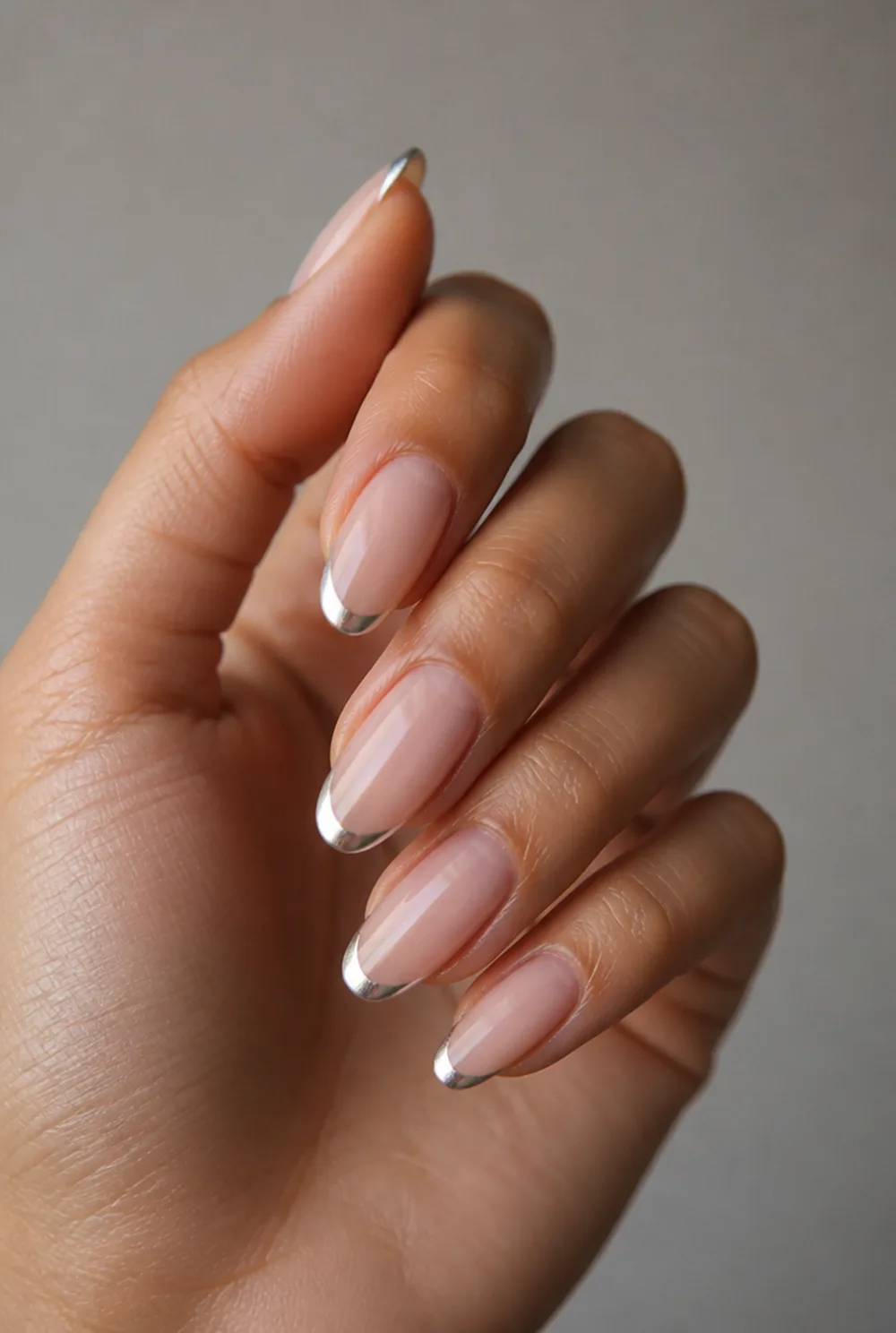 silver micro french nail art on olive skin long length - PolishedAndPrettyNails.com silver micro french nail art on olive skin, long length