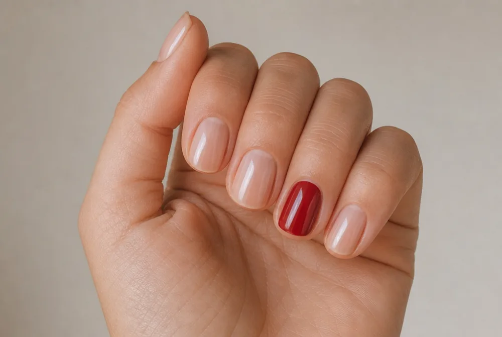 single accent nail on a minimalist nude manicure