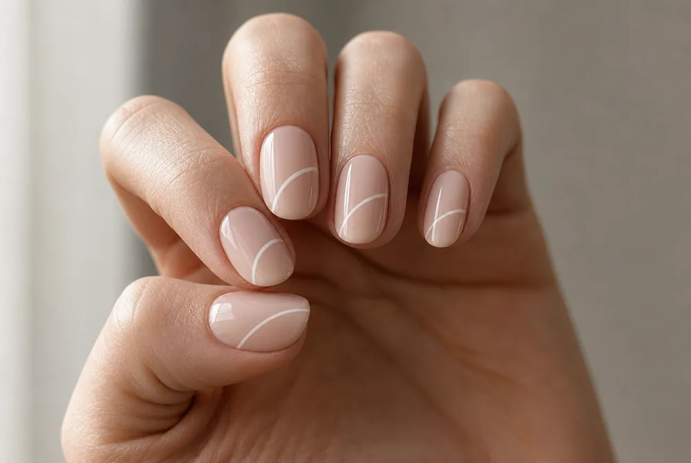 single swirl minimalist nail art on nude base