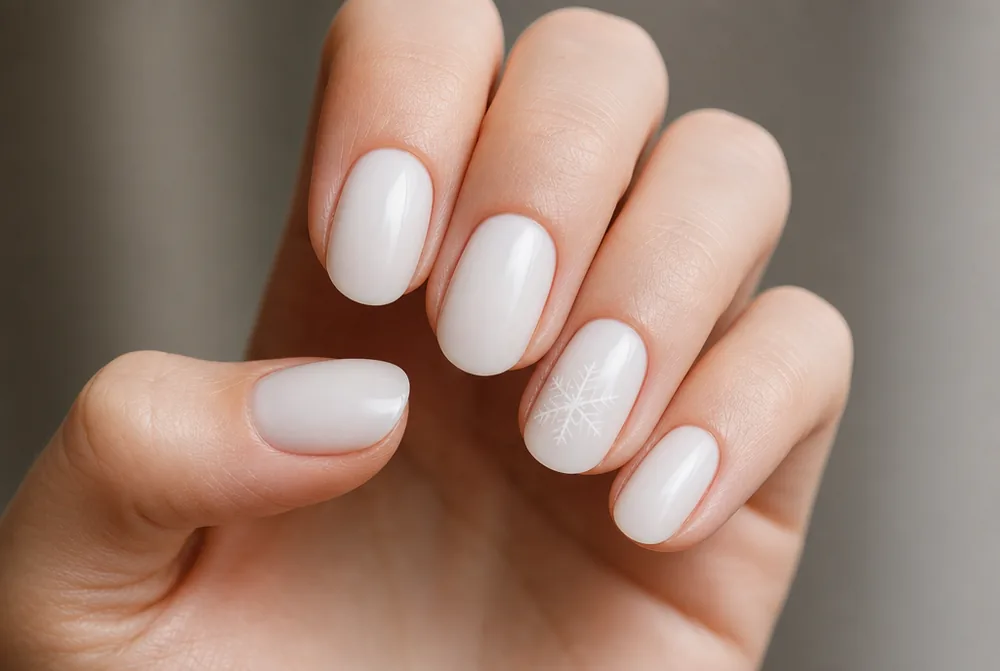 single white snowflake nail on milky white winter base
