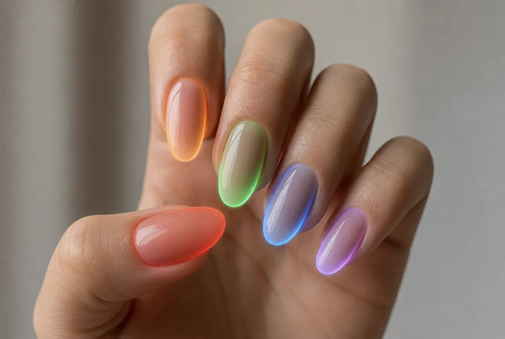 skittle aura nails with a different glow colour per nail