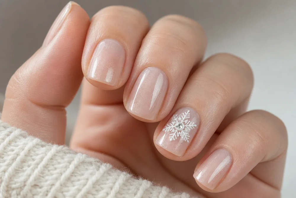 snowflake nail art with rhinestone center detail