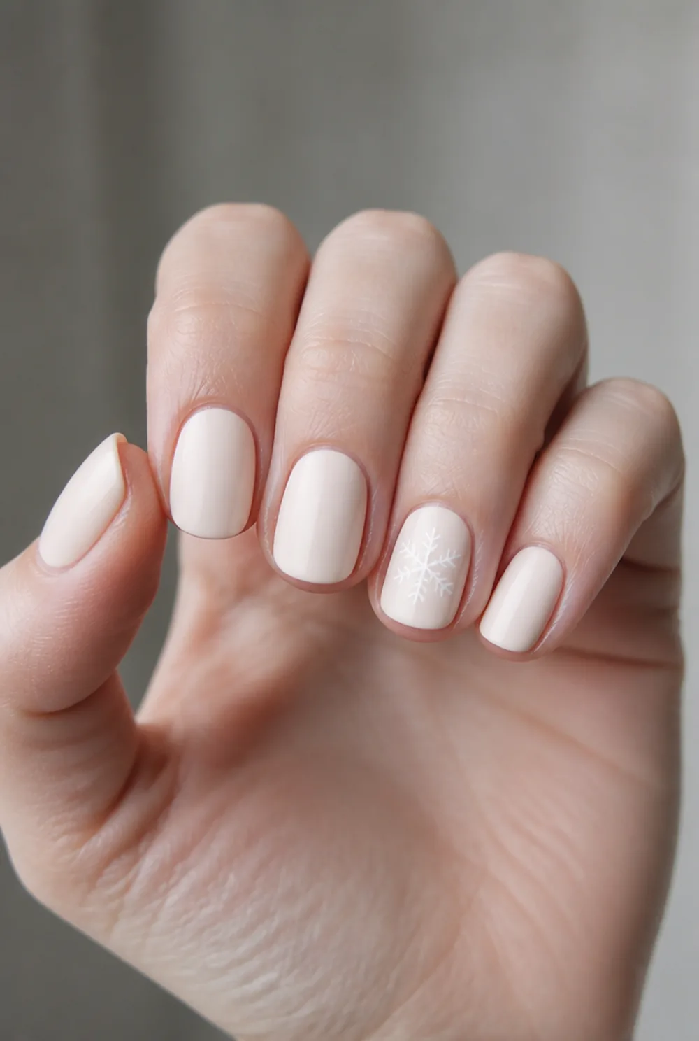 single white flake on milky base nail art on fair skin, short length