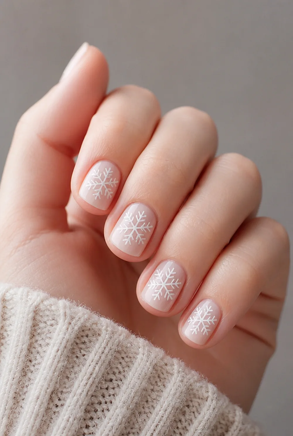 snowflake stamping nail art on fair skin, short length