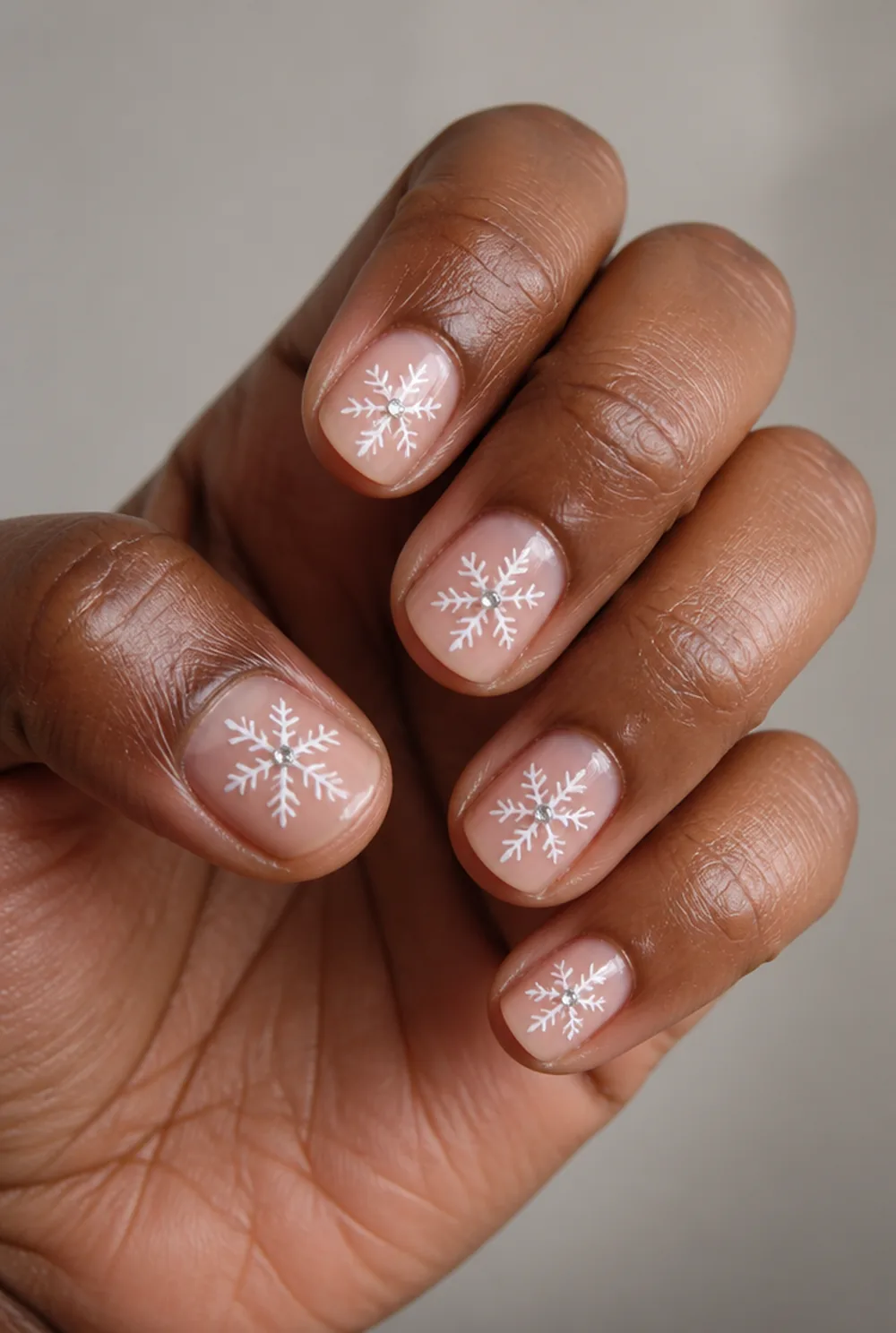 rhinestone center flake nail art on deep brown skin