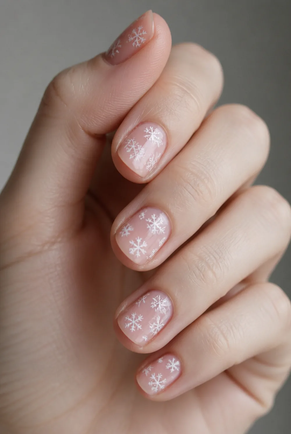 scattered micro flakes nail art on fair skin, short length